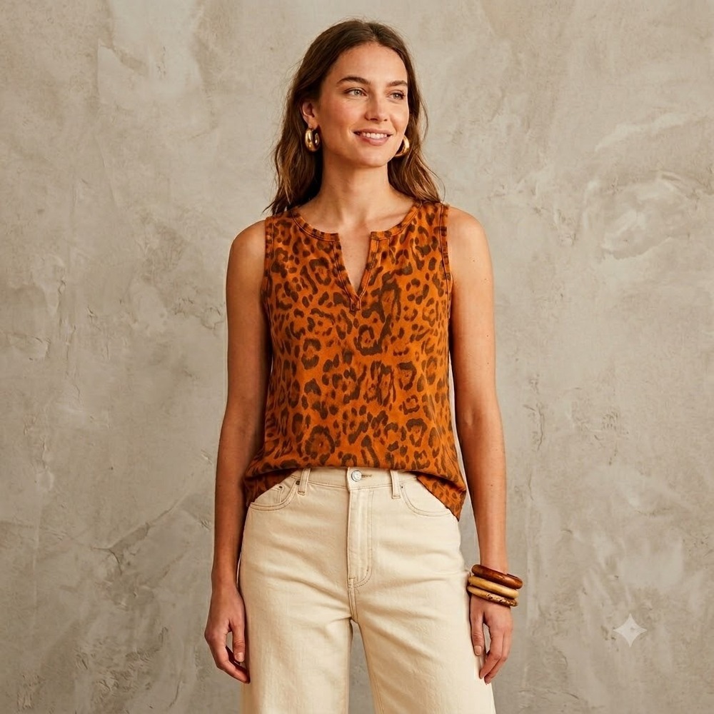 Peyton Jensen Tank Top Womens M Orange Leopard Print Split Neck Knit Sleeveless